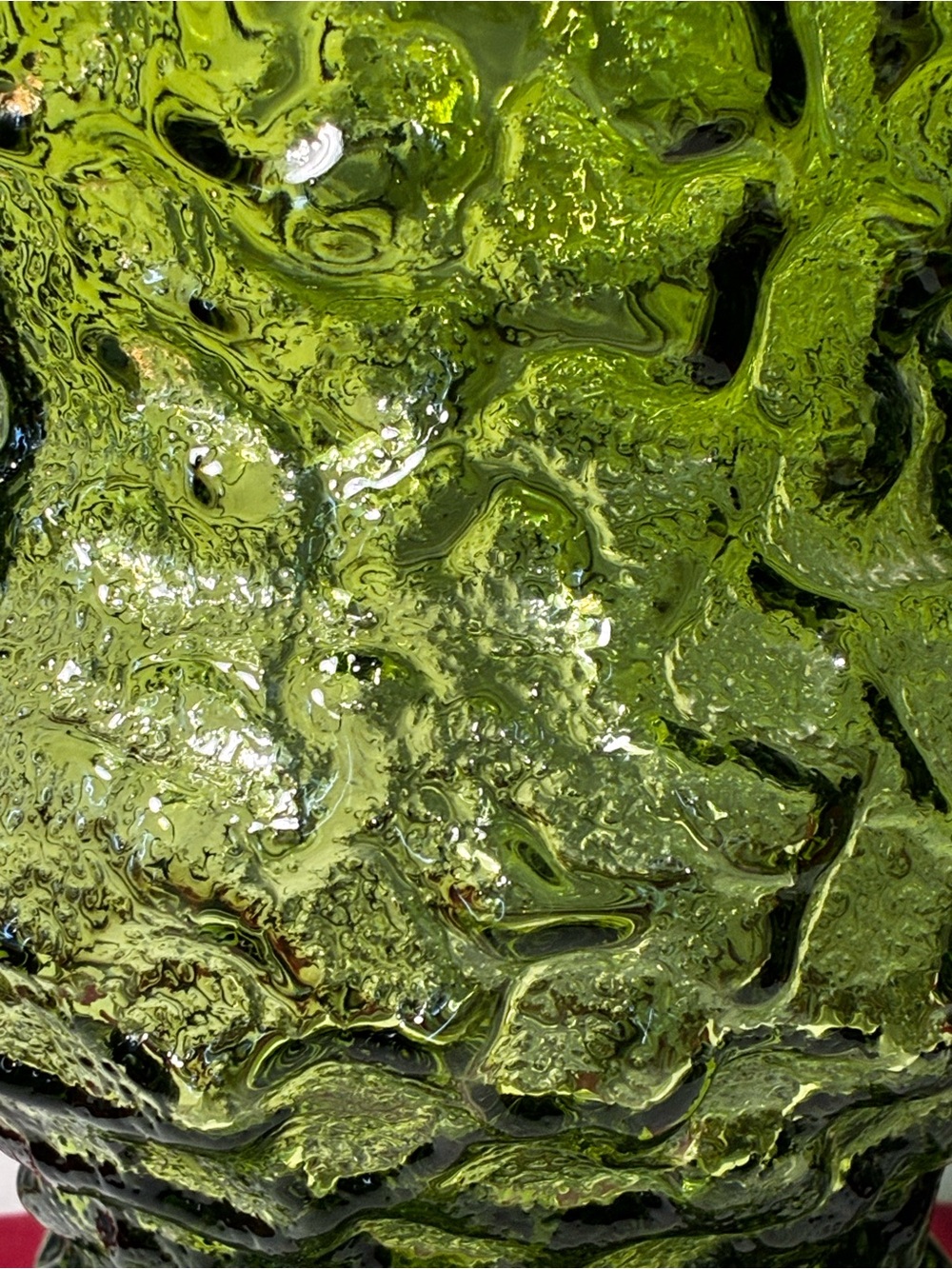 Vintage Olive Green Textured Art Glass Vase 10” MCM Brutalist Retro Décor - Picture 4 of 8